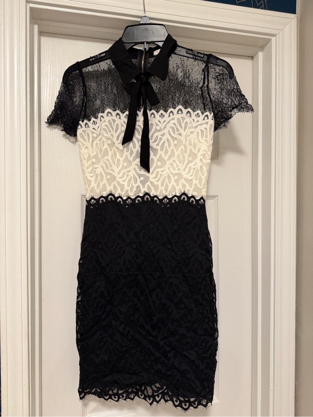 Sandro Black & Cream Lace Bow-Collar Mini Dress